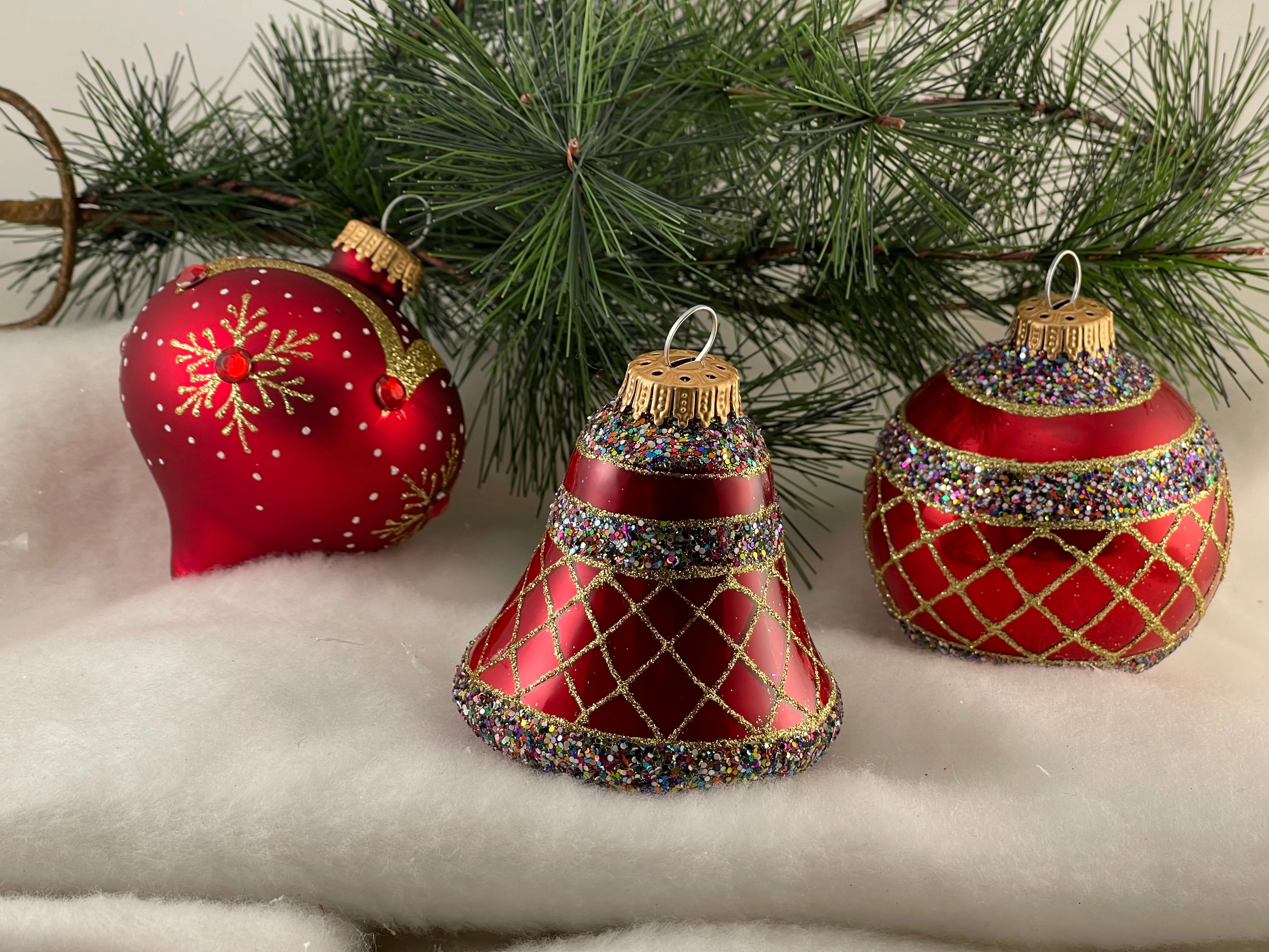 3 1/4" (80mm) Ball Ornaments Highly Decorated Set, Red/Gold, 9/Box, 6/Case, 54 Pieces