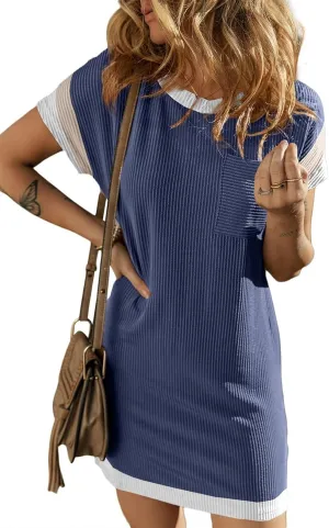 Acelitt Womens Casual Summer Color Block Crewneck Short Sleeve Tshirts Dress,S-XXL