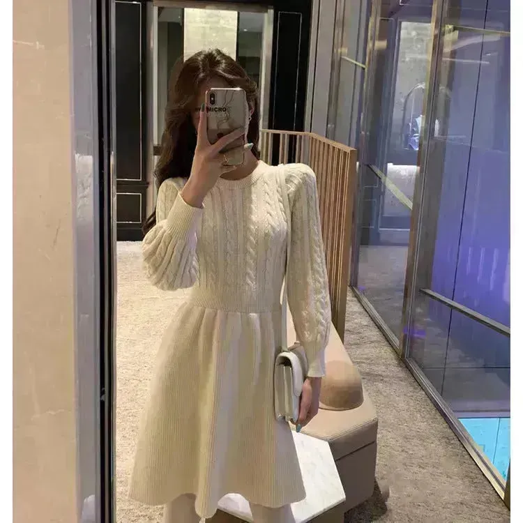 Autumn Winter Knitted Slim Fit Round neck Mini Flared Sweater dress