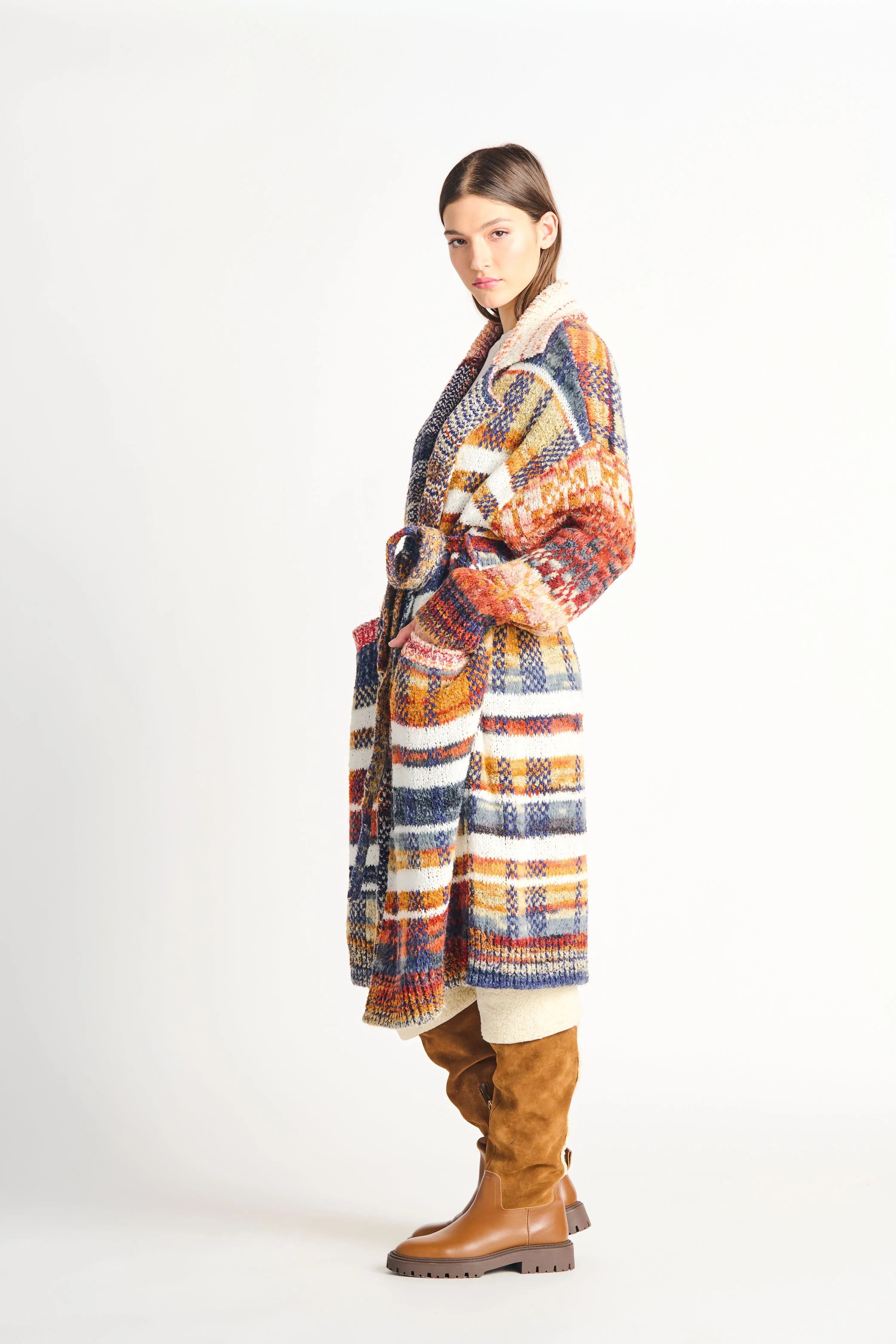 Belted Patchwork Jacquard Cardigan in Orange/ Grey/ Navy Multi