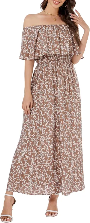 Bluetime Womens Maxi Dress Off Shoulder Floral Print Boho Beach Long Summer Dresses