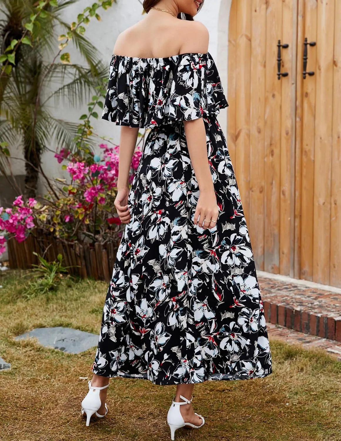 Bluetime Womens Maxi Dress Off Shoulder Floral Print Boho Beach Long Summer Dresses