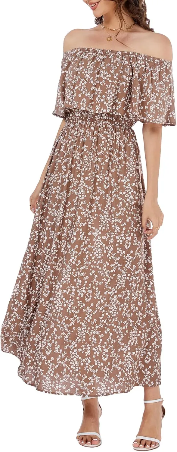 Bluetime Womens Maxi Dress Off Shoulder Floral Print Boho Beach Long Summer Dresses