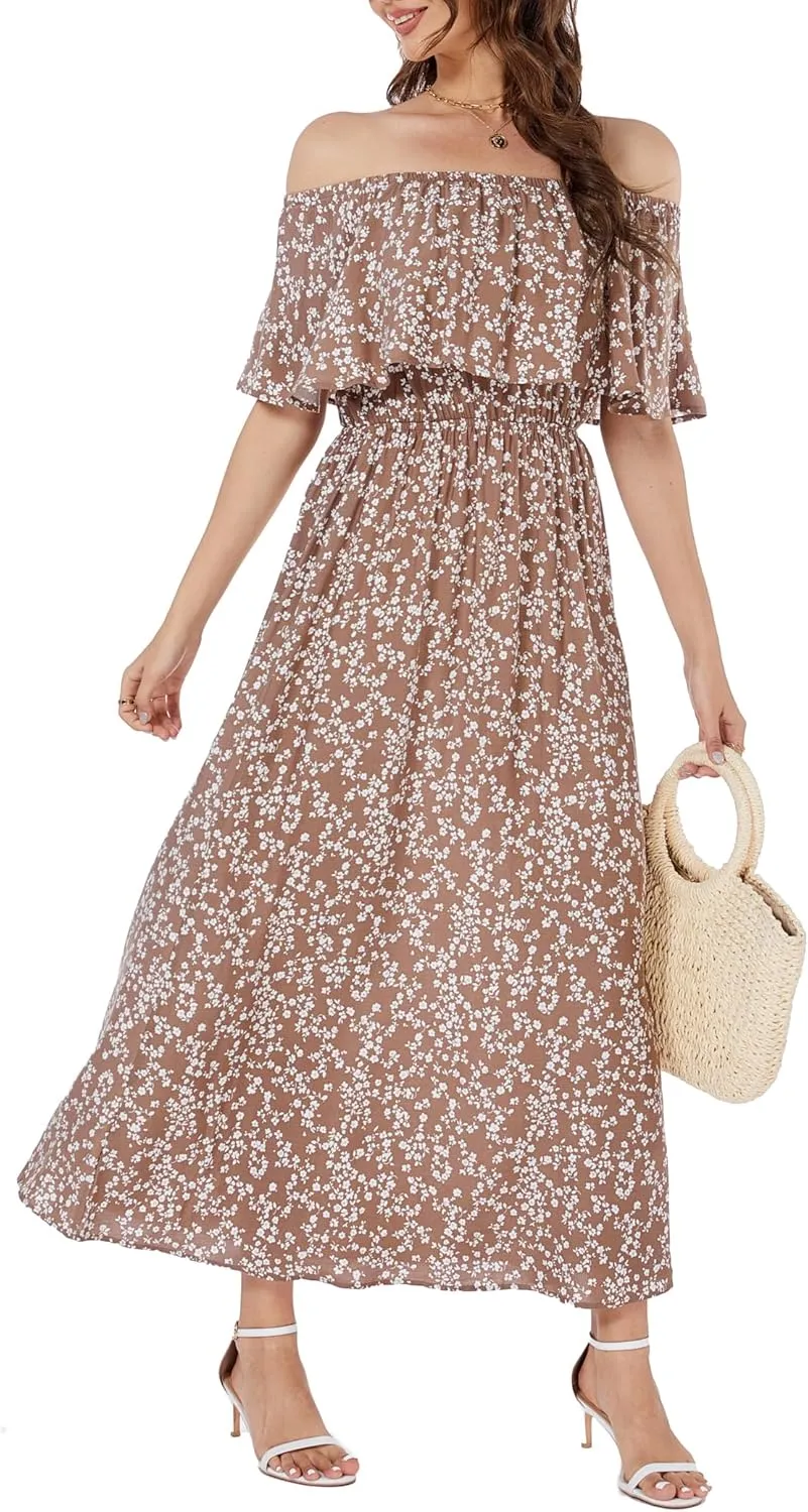 Bluetime Womens Maxi Dress Off Shoulder Floral Print Boho Beach Long Summer Dresses