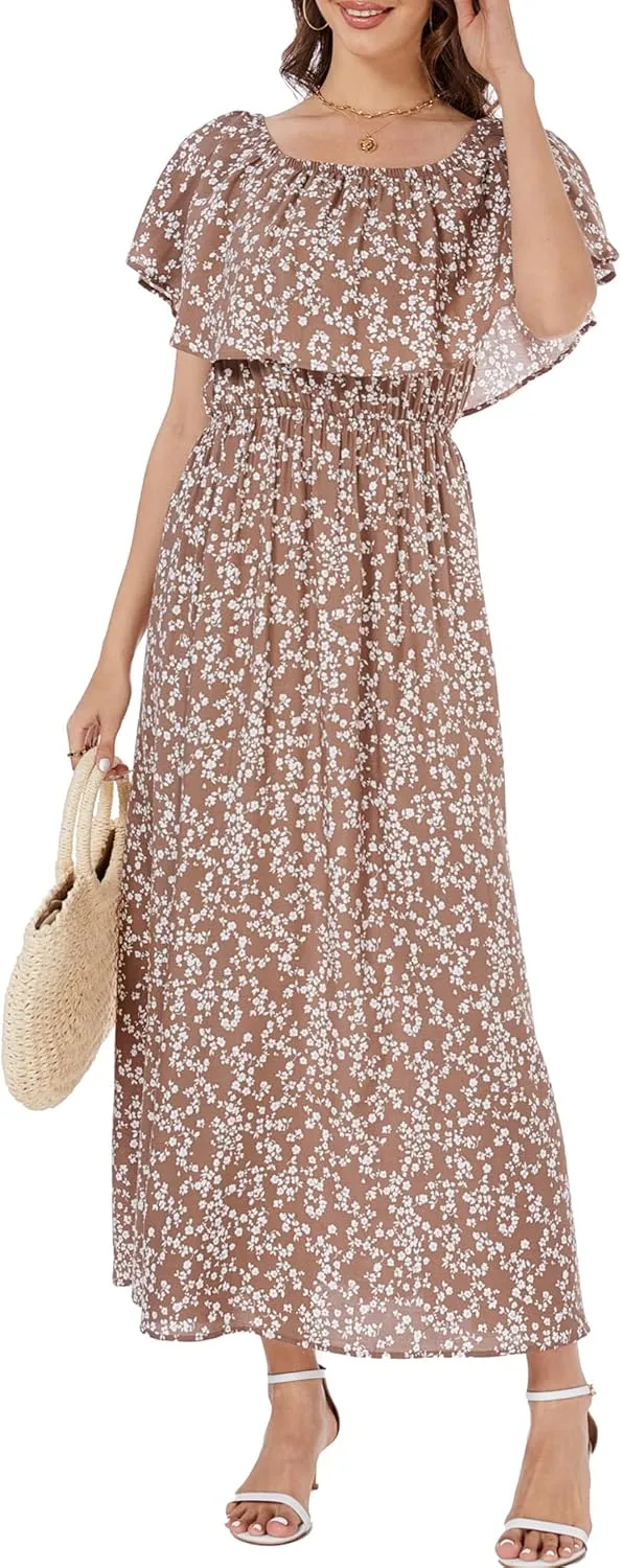 Bluetime Womens Maxi Dress Off Shoulder Floral Print Boho Beach Long Summer Dresses