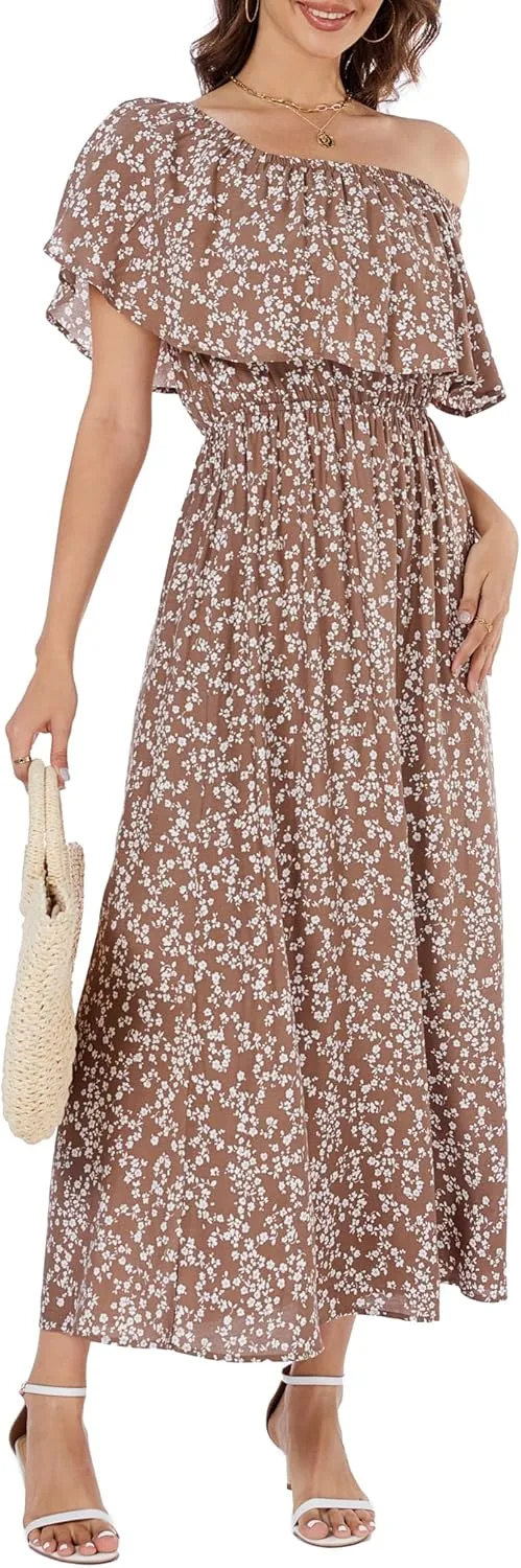 Bluetime Womens Maxi Dress Off Shoulder Floral Print Boho Beach Long Summer Dresses