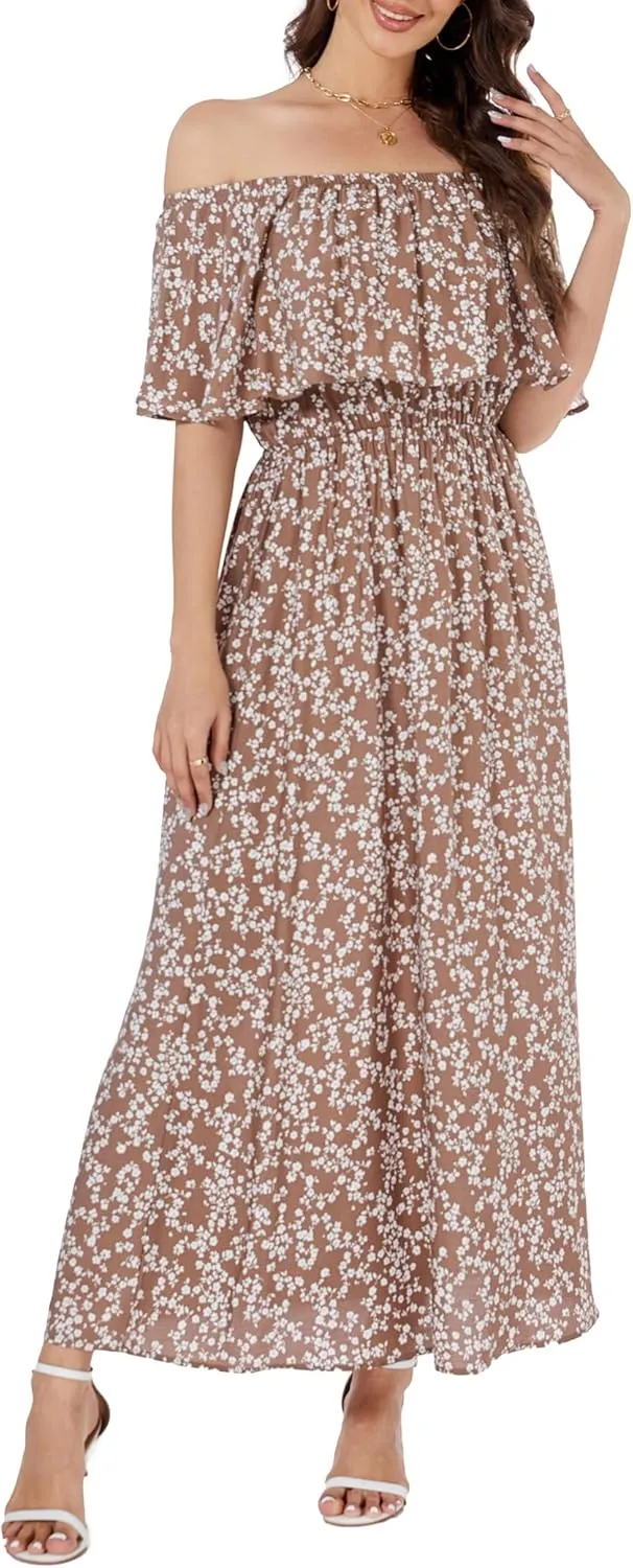 Bluetime Womens Maxi Dress Off Shoulder Floral Print Boho Beach Long Summer Dresses