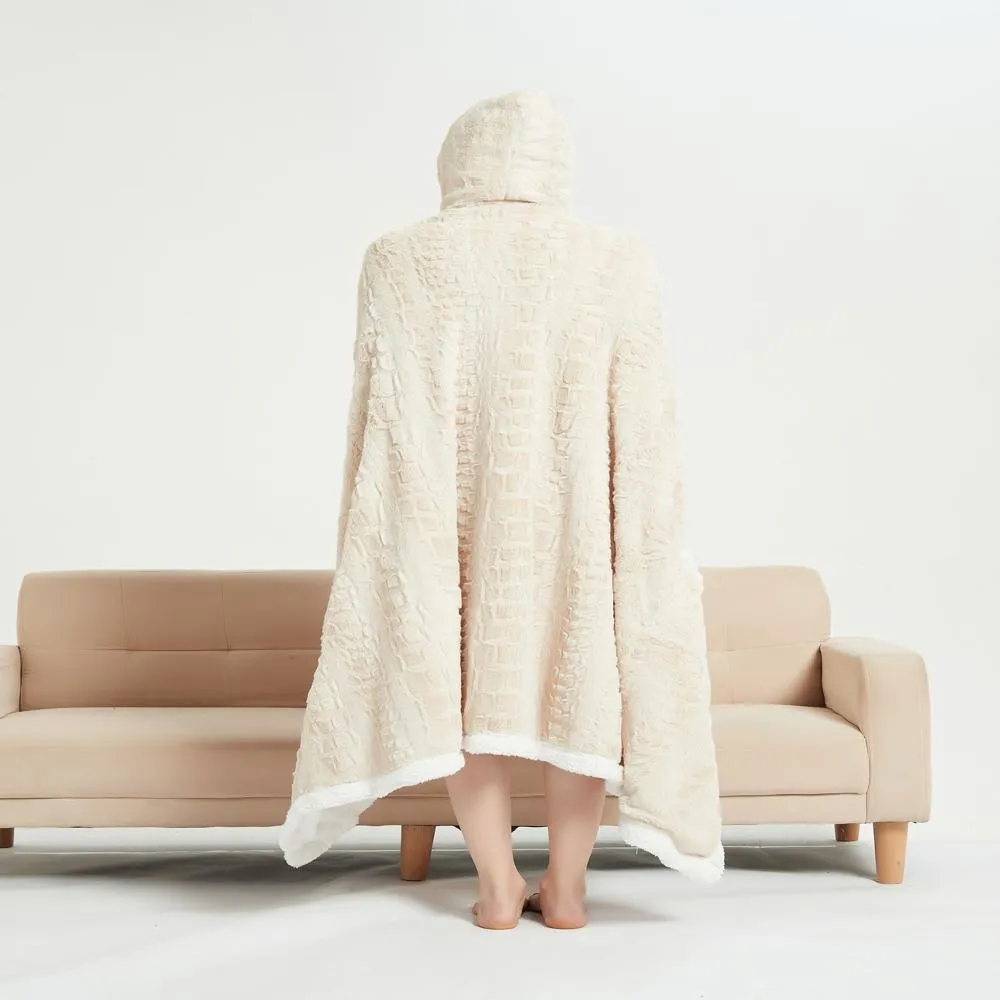 Chic Home Lansing Snuggle Hoodie Animal Pattern Robe Cozy Super Soft Ultra Plush Micromink Coral Fleece Sherpa Lined Wearable Blanket with 2 Pockets Hood Drawstring Closure - 51x71", Beige