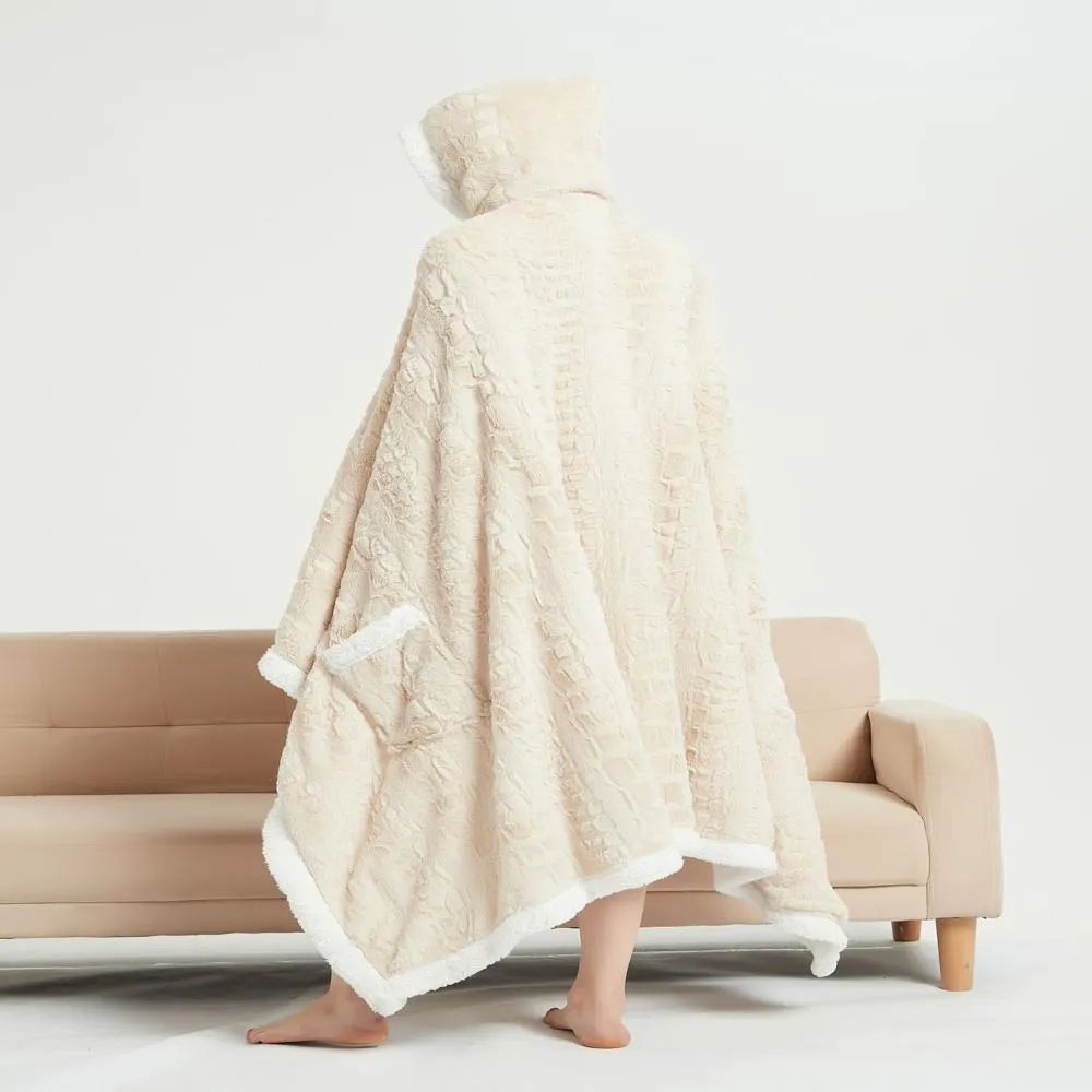 Chic Home Lansing Snuggle Hoodie Animal Pattern Robe Cozy Super Soft Ultra Plush Micromink Coral Fleece Sherpa Lined Wearable Blanket with 2 Pockets Hood Drawstring Closure - 51x71", Beige