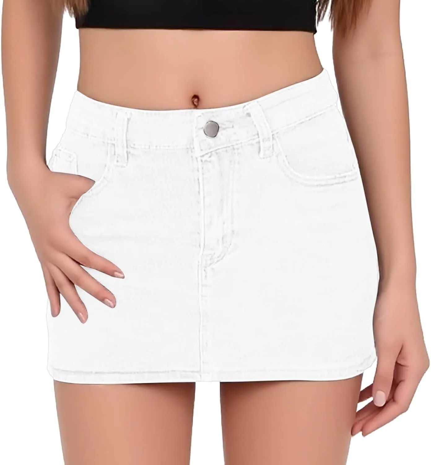 Denim Skirts for Women High Waist Stretchy Washed Mini Casual Denim Skirt with Pockets Elastic Comfort Denim Skirt