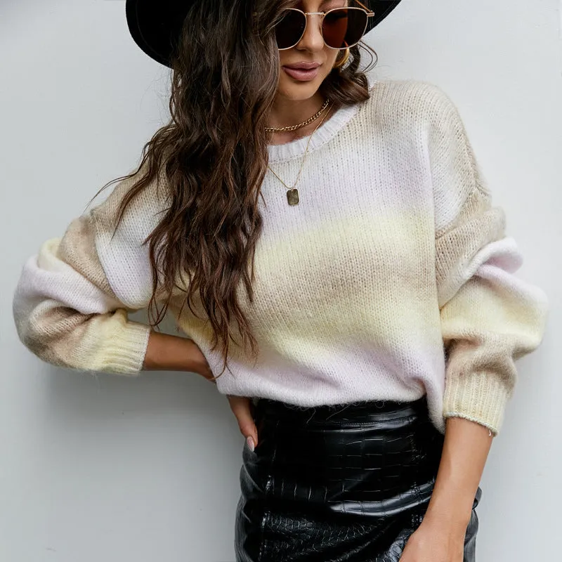 Fashion Gradient Color Knitted Pullover Top Sweater Trendy Wholesale Clothing