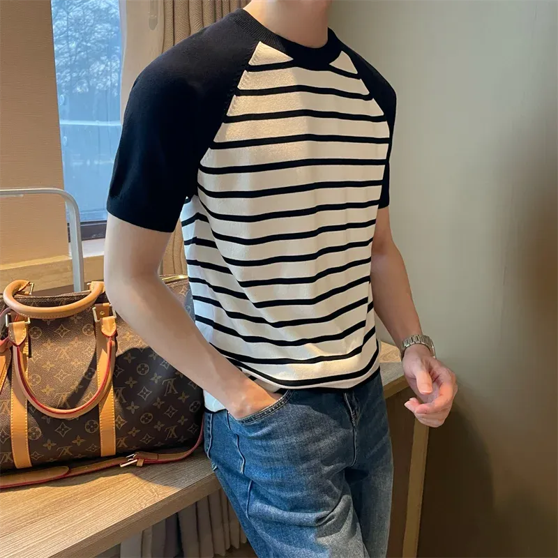 Hnzxzm Korean Trend Summer Color Striped Men's Round Neck Short Sleeve T-shirt Fashion Loose Casual Versatile Knitted Pullover Top 2024