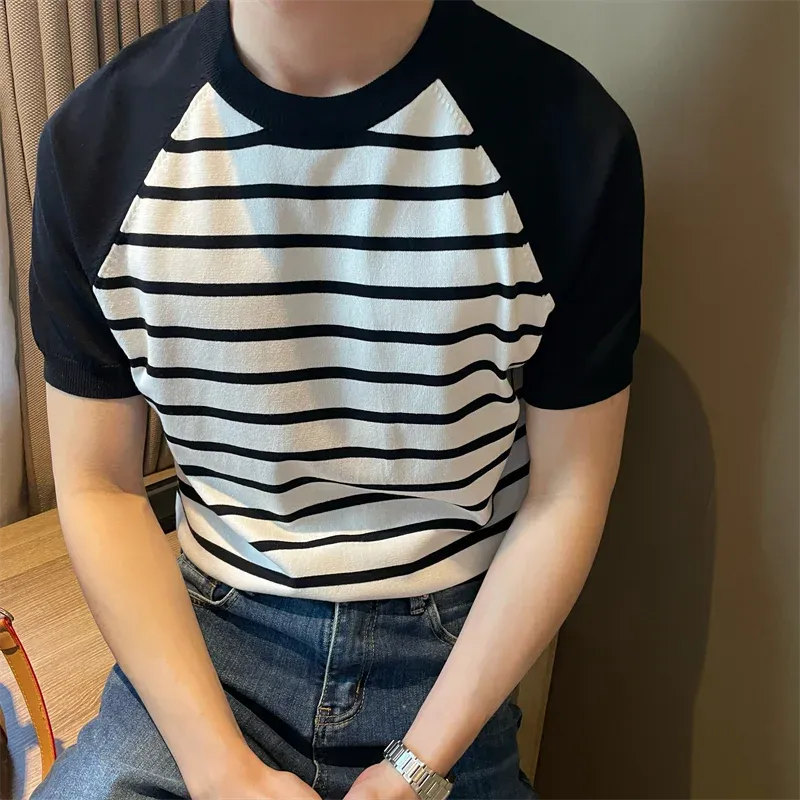 Hnzxzm Korean Trend Summer Color Striped Men's Round Neck Short Sleeve T-shirt Fashion Loose Casual Versatile Knitted Pullover Top 2024
