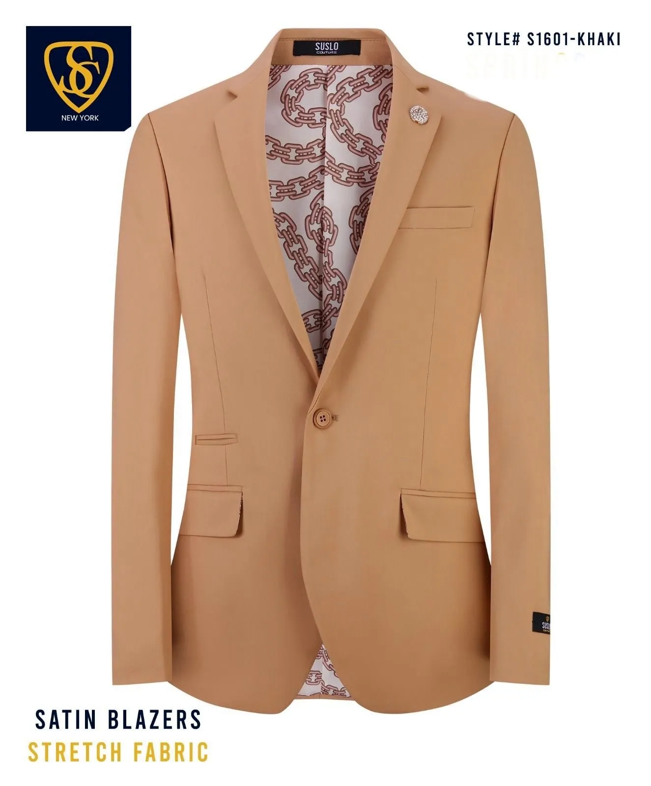 Khaki Men's Blazer Jacket Stretch Fabric Notch Lapel Slim-Fit Style-S1601