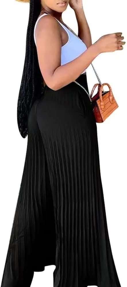 Lexiart Womens High Waisted Chiffon Loose Pleated Wide Leg Palazzo Pants