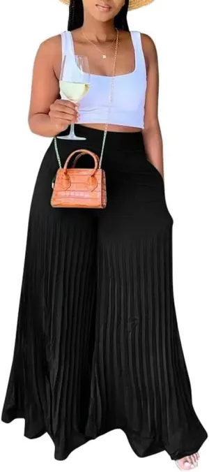 Lexiart Womens High Waisted Chiffon Loose Pleated Wide Leg Palazzo Pants