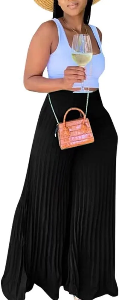 Lexiart Womens High Waisted Chiffon Loose Pleated Wide Leg Palazzo Pants
