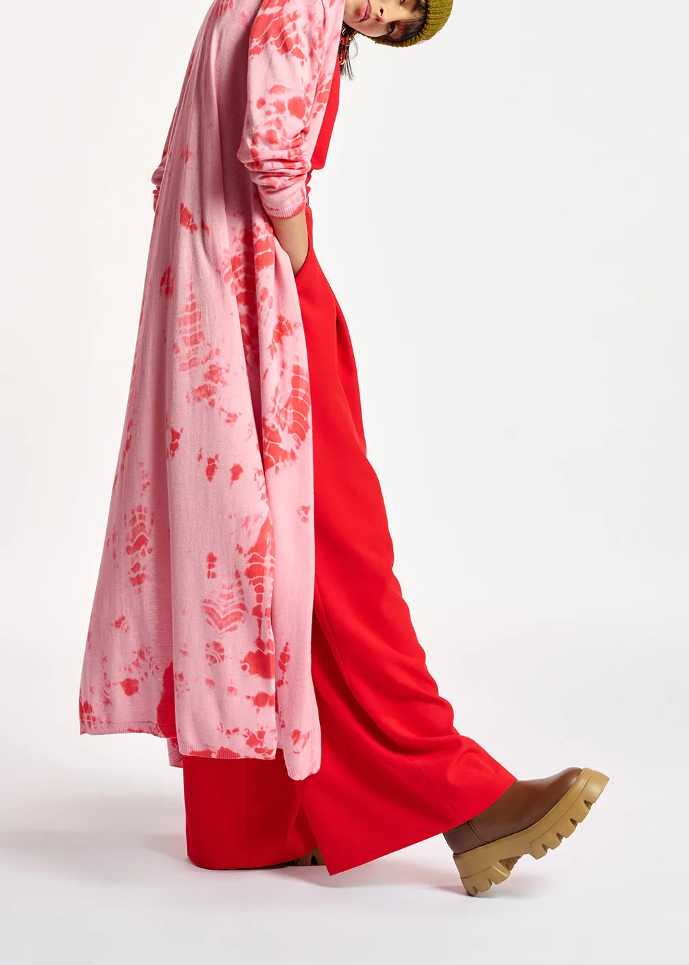 Long pink and red tie-dye cardigan