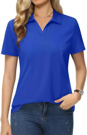 MAGCOMSEN Women's Polo Shirts Cotton Short Sleeve V-Neck Collared Tops Golf Shirt Work Casual Summer Tee