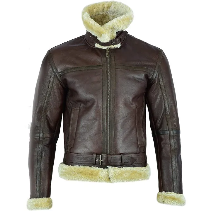 Men's Brown Shearling Leather Aviator Jacket
