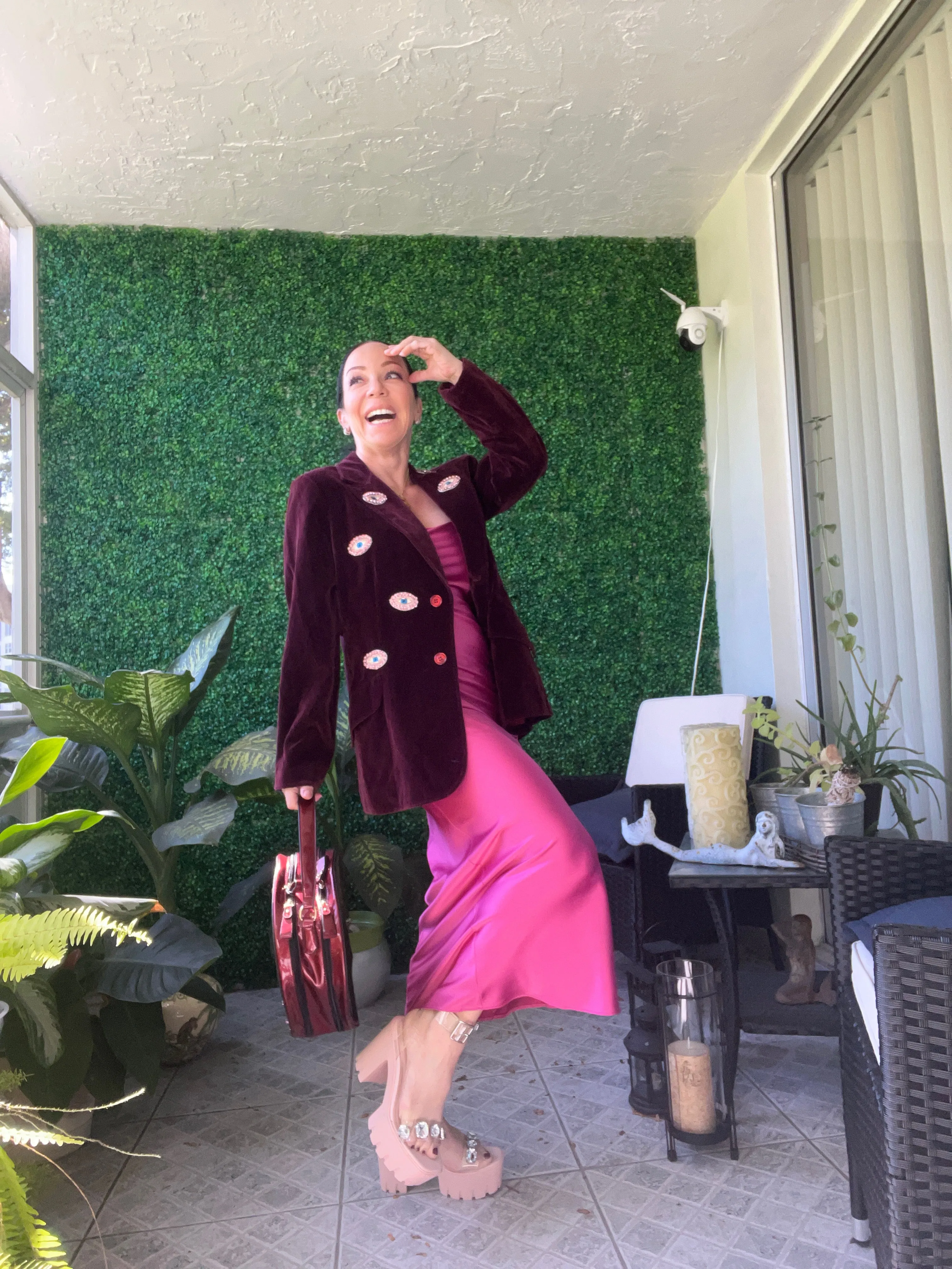 Vintage Koret of California Merlot Velvet blazer with crystal eye patches