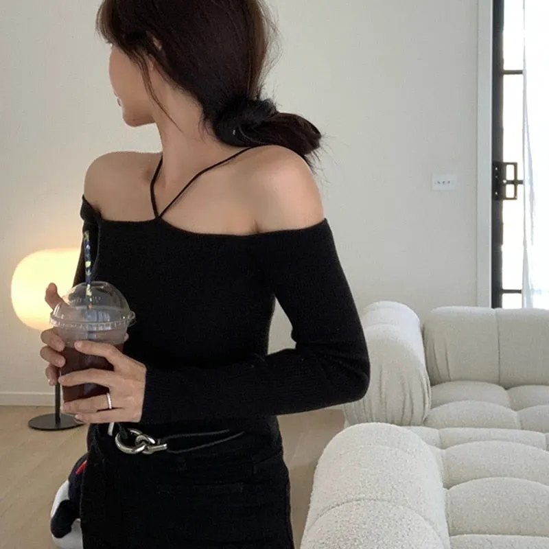 Wenkouban Sweater Mujer 2022 Sexy Off Shoulder Slim Knitted Sweaters Long Sleeve Pull Femme Autumn Vintage Chandails White Black Top Women