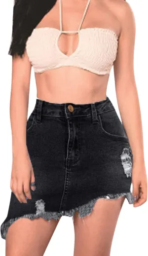Women's Denim Skirts High Waist Irregular Frayed Hem Hole Button Down Mini Skirt Denim Skirt Mini with Pockets
