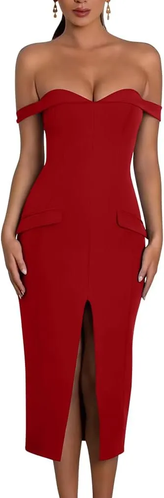 XXTAXN Women's Sexy Bodycon Off The Shoulder Cocktail Party Split Midi Dress