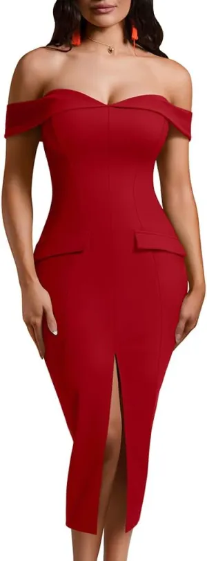 XXTAXN Women's Sexy Bodycon Off The Shoulder Cocktail Party Split Midi Dress