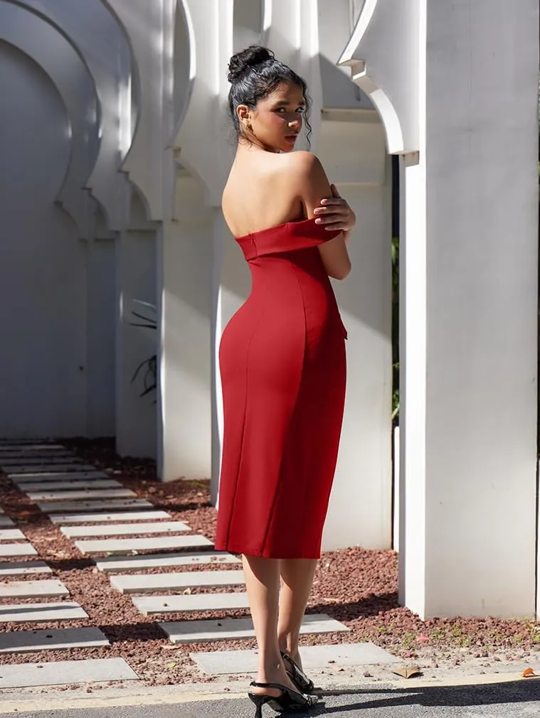 XXTAXN Women's Sexy Bodycon Off The Shoulder Cocktail Party Split Midi Dress